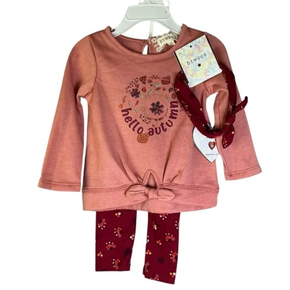 Btween Hello Autumn 3 Pc Matching Baby Girl Top Legging Headband NEW 12 Month
